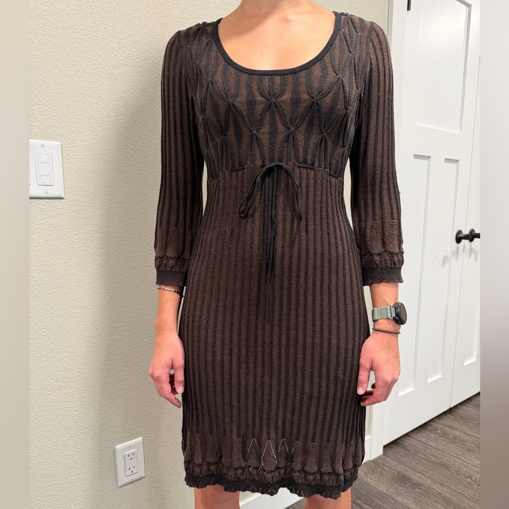 Studio M Brown Ribbed Knit Long-Sleeve Dress